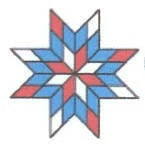 A geometric star-shaped pattern made of red, blue, and white triangular sections outlined in dark lines, shown on a plain white background.